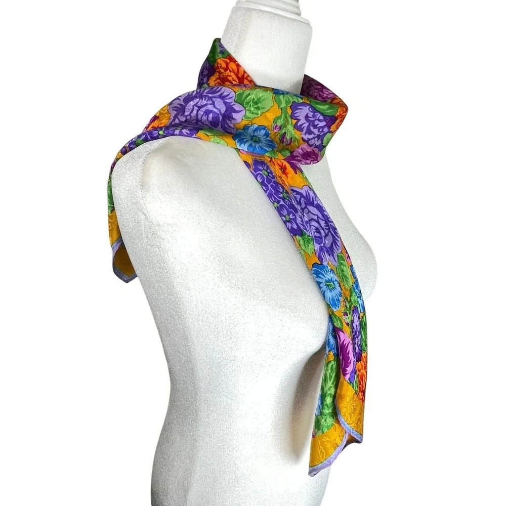 Albert Nipon Vintage Floral Jacquard Silk Square Scarf Gold Purple Hand Rolled‎
